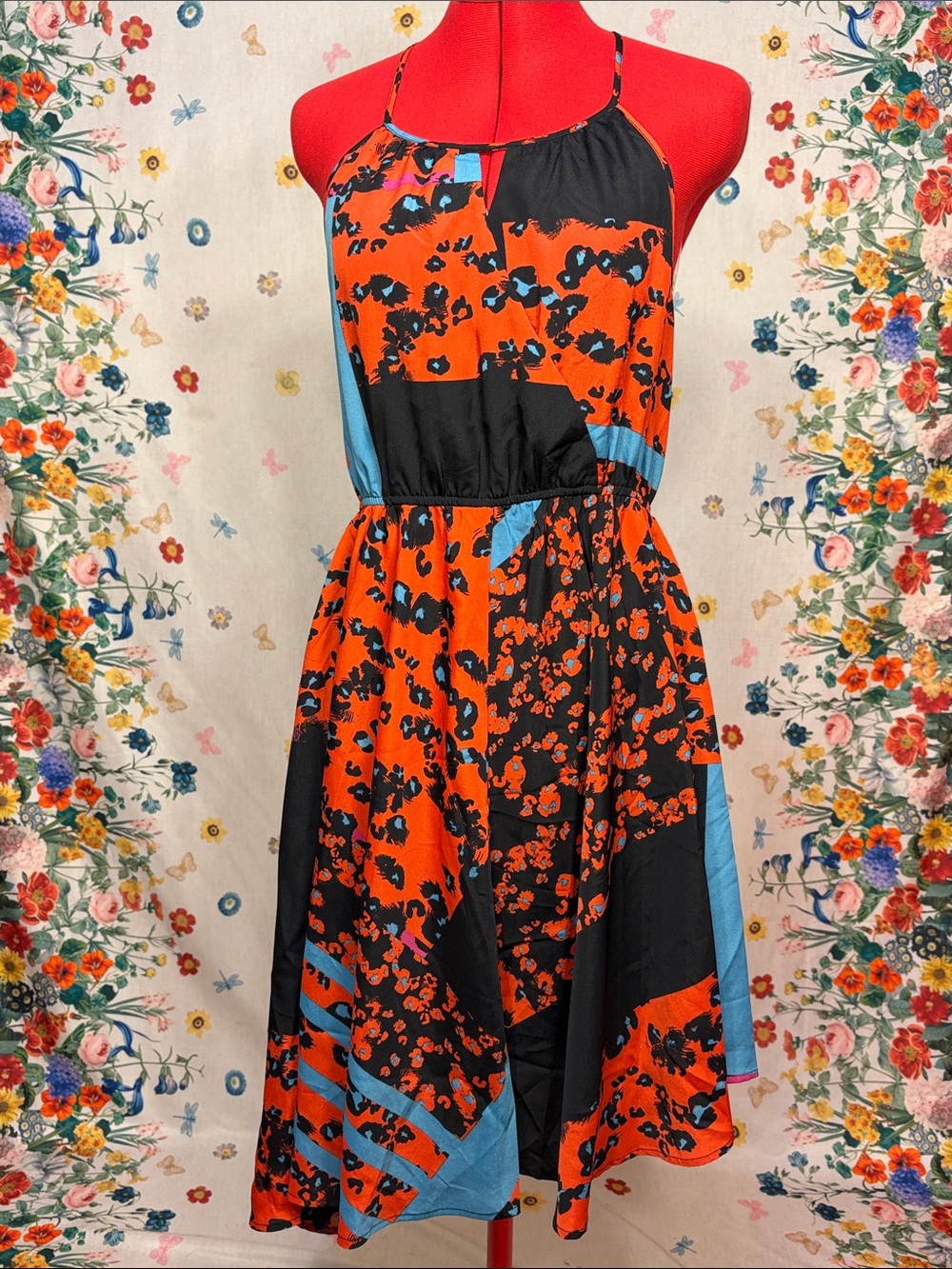 Romeo & Juliet Couture Orange, Black & Blue Floral Midi Dress